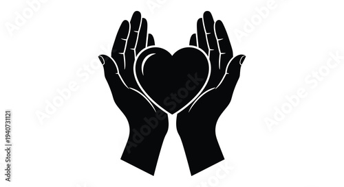 Two cupped hands gently cradle a heart shape creating a striking visual representation of care and affection silhouette high quality professional