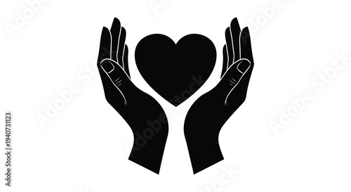 Two cupped hands gently cradle a dark heart shape creating a symbolic and protective image silhouette high quality professional detailed modern