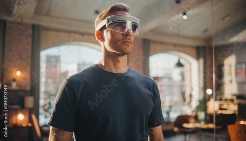 Focused young man wearing smart glasses inside a modern office