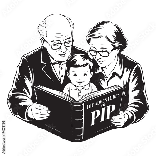 Black and white vector illustration of happy grandparents reading a storybook titled "THE ADVENTURES OF PIP" to their smiling grandchild, depicting family bonding and childhood literacy.