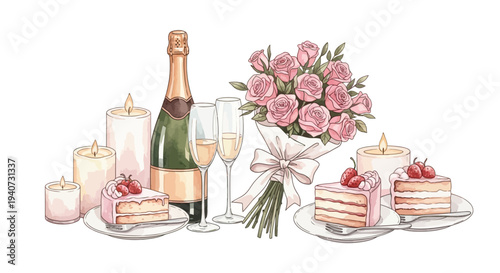 A romantic dinner setting with cake, champagne, flowers, and candles viewed from the front in an elegant environment