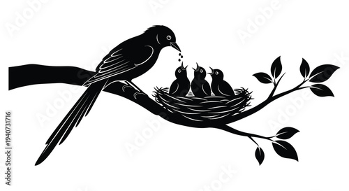 A mother bird feeds her chicks nestled in a woven nest on a branch depicted as a striking silhouette high quality