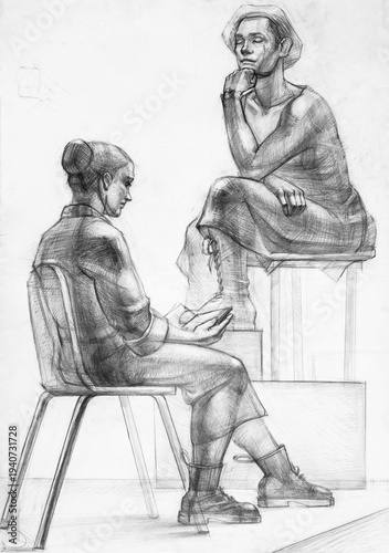hand-drawn two sitting female models on podium