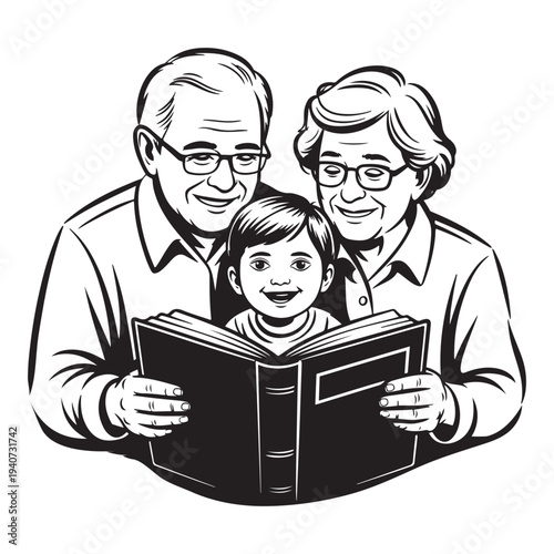 Happy Grandparents and Grandchild Reading Book Together Vector Illustration - Black and White Line Art for Family, Education, and Storytelling Concepts