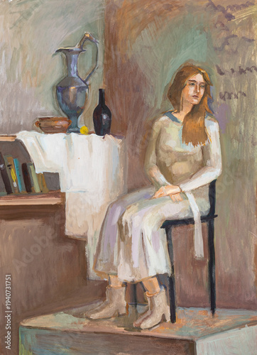 hand-painted dressed female model in studio