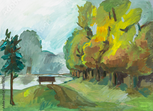 hand-painted summer landscape with bench near lake