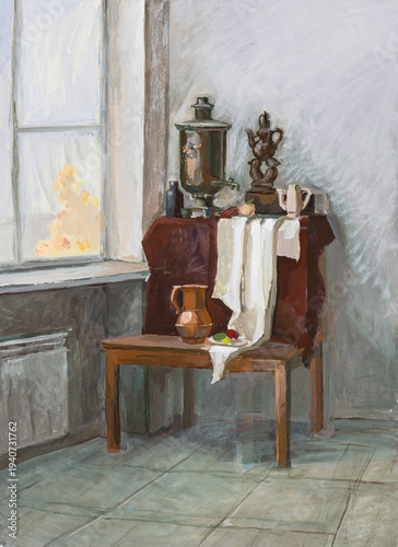 hand-painted still-life with table and window