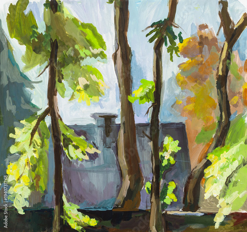 handpainted sunlit trees and roof of village house