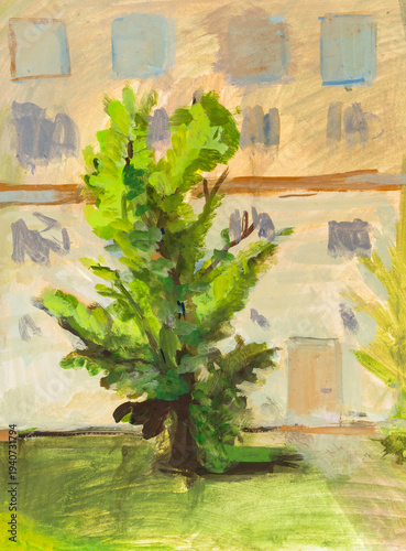 hand-painted green tree near apartment building