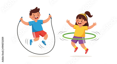 Two happy children playfully jumping rope and hula hooping showcasing active lifestyles and joyful movement silhouette high quality professional detailed modern