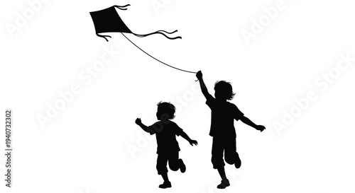 Two children joyfully running and playing with a kite on a bright day depicted as a silhouette high quality professional detailed