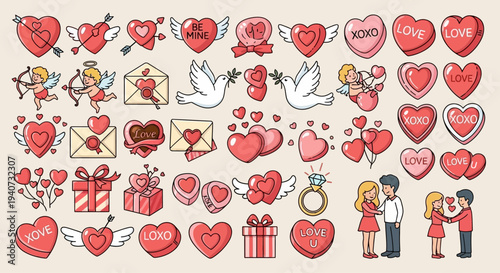 Couple embracing surrounded by heart icons, gift boxes, and doves, symbolizing love and affection on Valentine's Day