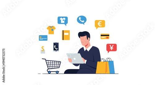 A stylized man in a dark suit sits and interacts with a tablet, surrounded by floating icons representing online shopping, e-commerce, and digital transactions on a white background.