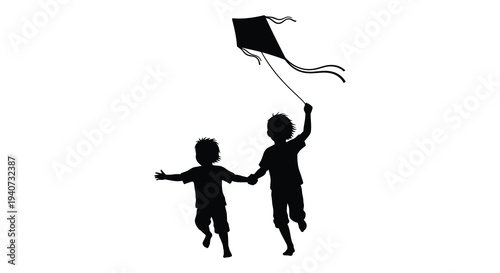 Two children joyfully play with a kite on a bright day their figures depicted as a striking silhouette high quality professional