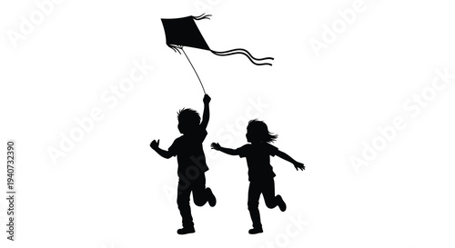 Two children joyfully playing with a flying kite against a bright backdrop captured as a striking silhouette high quality professional detailed