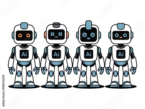 Four diverse artificial intelligence robots stand together displaying.