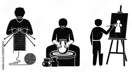 A series of black silhouettes depicting people engaged in artistic hobbies including knitting pottery and painting silhouette high quality professional detailed