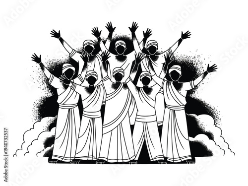 Silhouetted figures worshiping with uplifted hands against a dark.