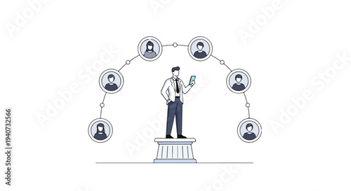 Flat 2D illustration of a man standing on a pedestal, influencing social media connections with a smartphone in hand.