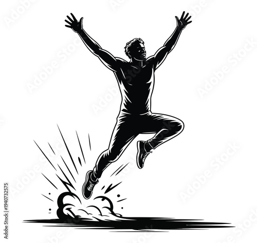 Athlete silhouette jumps high with arms raised demonstrating powerful.