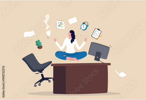 Employee wellbeing or wellness, comfortable to work, project management or relax workplace, balance or productivity concept, office woman mindfulness meditating on working desk levitate working stuff.