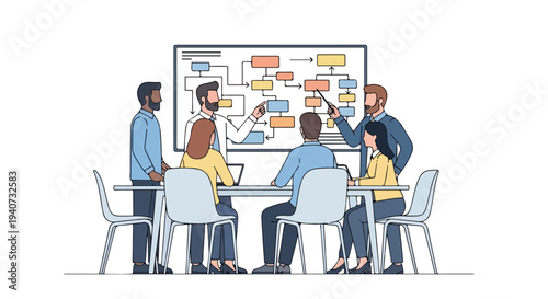 Flat 2D illustration of a diverse team collaborating in an office setting with a whiteboard, showcasing innovation and tech.