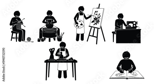 A collection of black silhouettes depicting various artistic hobbies and crafts including painting pottery and writing silhouette high quality professional detailed