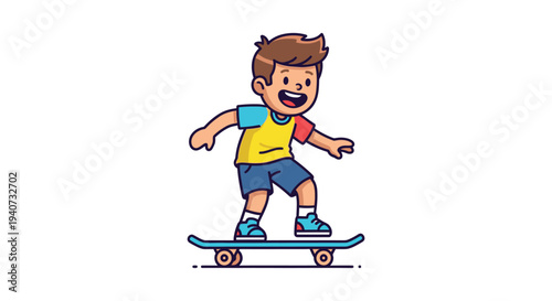 A cheerful young boy joyfully rides a skateboard showcasing a dynamic pose and vibrant color scheme silhouette high quality professional detailed