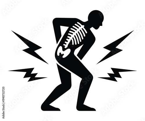 Silhouette displays lower back skeleton structure indicating severe.