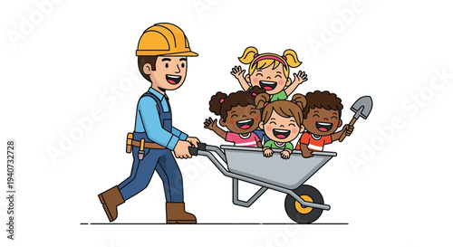 A construction worker cheerfully pulls children in a wheelbarrow showcasing teamwork and playful labor silhouette high quality professional detailed modern elegant
