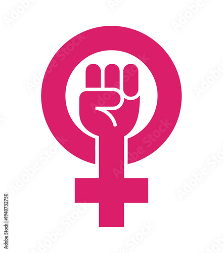 Feminist symbol features a raised fist within the female sign icon.