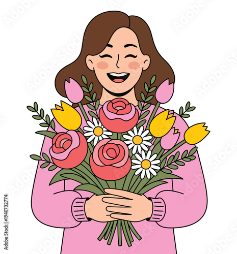 Smiling woman holds large colorful bouquet of tulips and roses happily.