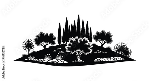 A striking black landscape featuring various trees and shrubbery creating a dramatic visual effect silhouette high quality professional detailed modern elegant