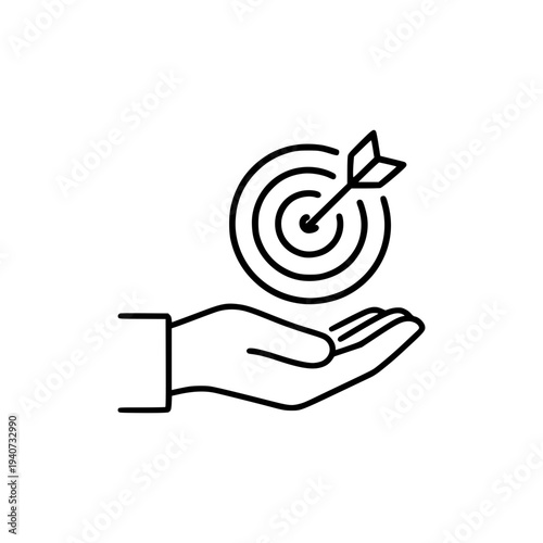 Minimal Line Art Target Arrow Above Open Hand, Goal Achievement and Business Success Concept, Simple Outline Illustration of Strategy and Objective