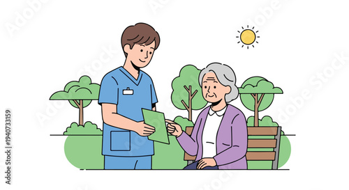 A healthcare worker in blue scrubs presents a document to an elderly woman in a purple jacket outdoors in a flat 2D illustration, conveying a post-pandemic health scene.