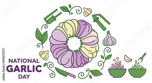 Vibrant National Garlic Day illustration with colorful garlic bulbs and leaves