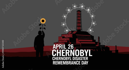 Silhouette of man holding sunflower near Chernobyl nuclear plant on Chernobyl Disaster Remembrance Day