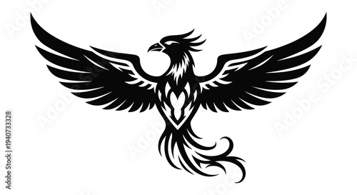 A striking black phoenix with wings outstretched capturing a moment of mythical rebirth a detailed silhouette high quality professional modern