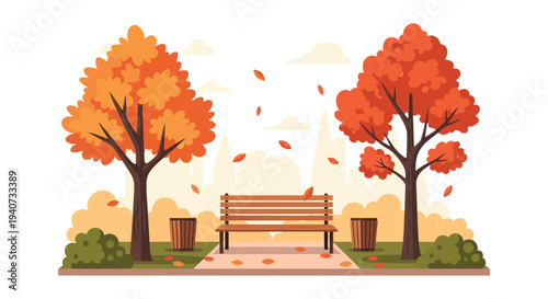 A vibrant autumn park scene with colorful trees a park bench and falling leaves rendered as a silhouette high quality professional