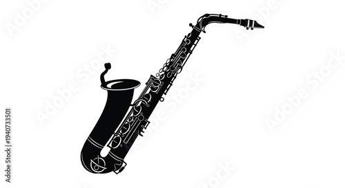 A striking black silhouette of a curved saxophone showcasing its elegant form and musical presence silhouette high quality professional detailed modern