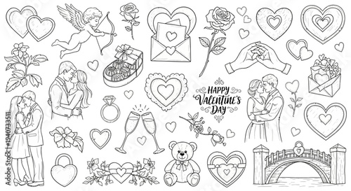 Romantic illustrations depicting various Valentine's Day scenes and symbols, including couples, hearts, flowers, and gifts in a whimsical line art style.