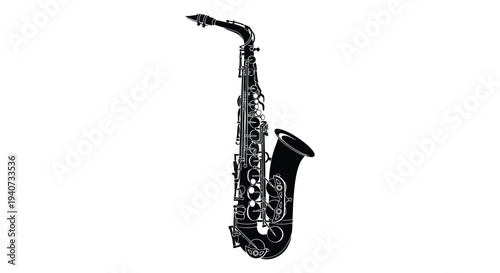 A striking black silhouette of a saxophone showcasing its curves and keys a musical instrument silhouette high quality professional detailed modern