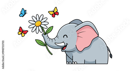 A cheerful elephant curiously extends its trunk towards a daisy playfully interacting with fluttering butterflies silhouette high quality professional detailed modern