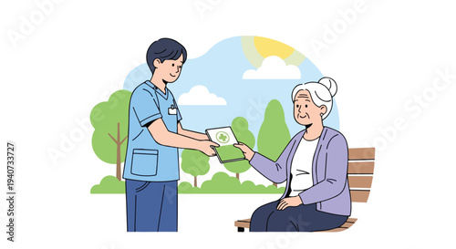 A healthcare worker in blue scrubs handing a card to a senior woman sitting on a park bench in a flat 2D illustration with a post-pandemic health theme.
