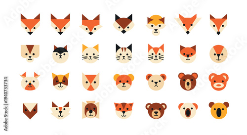 A large grid displays thirty stylized animal faces, including foxes, cats, bears, and koalas, rendered in a flat, geometric design.