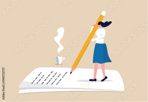Content writer, blogger, bullet journalist or publishing editor concept, young smart woman freelance holding big pencil thinking and writing content on notepad paper with cup of coffee.