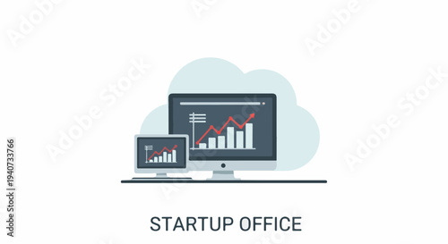 Startup office workspace with computer and data analysis.