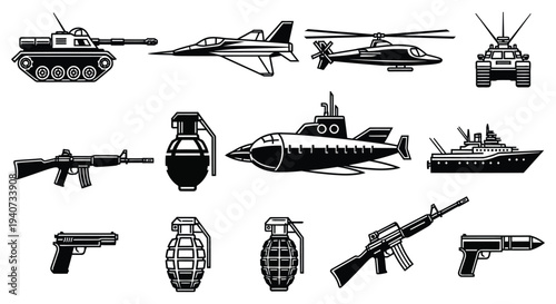 A collection of various military vehicles and weaponry depicted in a stark black silhouette high quality professional detailed modern elegant stylish
