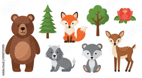 A charming illustration features a brown bear, red fox, grey badger, bear cub, and deer alongside two trees and a flower on a white backdrop.