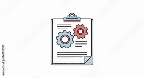 Clipboard with gears and document template for technical specifications.